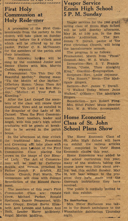 Article in 1946 Ennis Daily News about 1st Communion at Holy Redeemer Catholic Church in Ennis, Texa